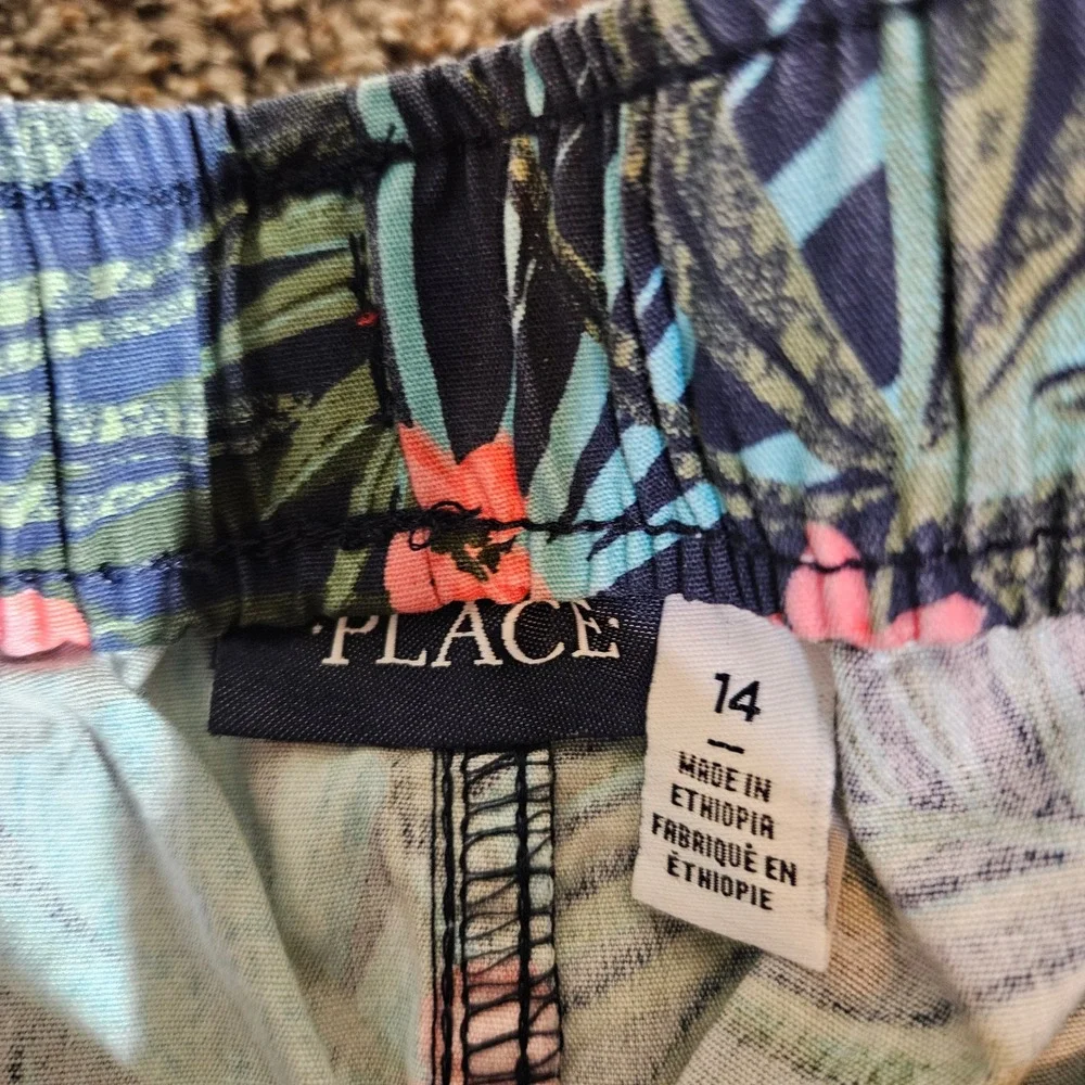 The Childrens Place Boys Tropical Floral Palm Leaf Shorts Navy Blue Size 14